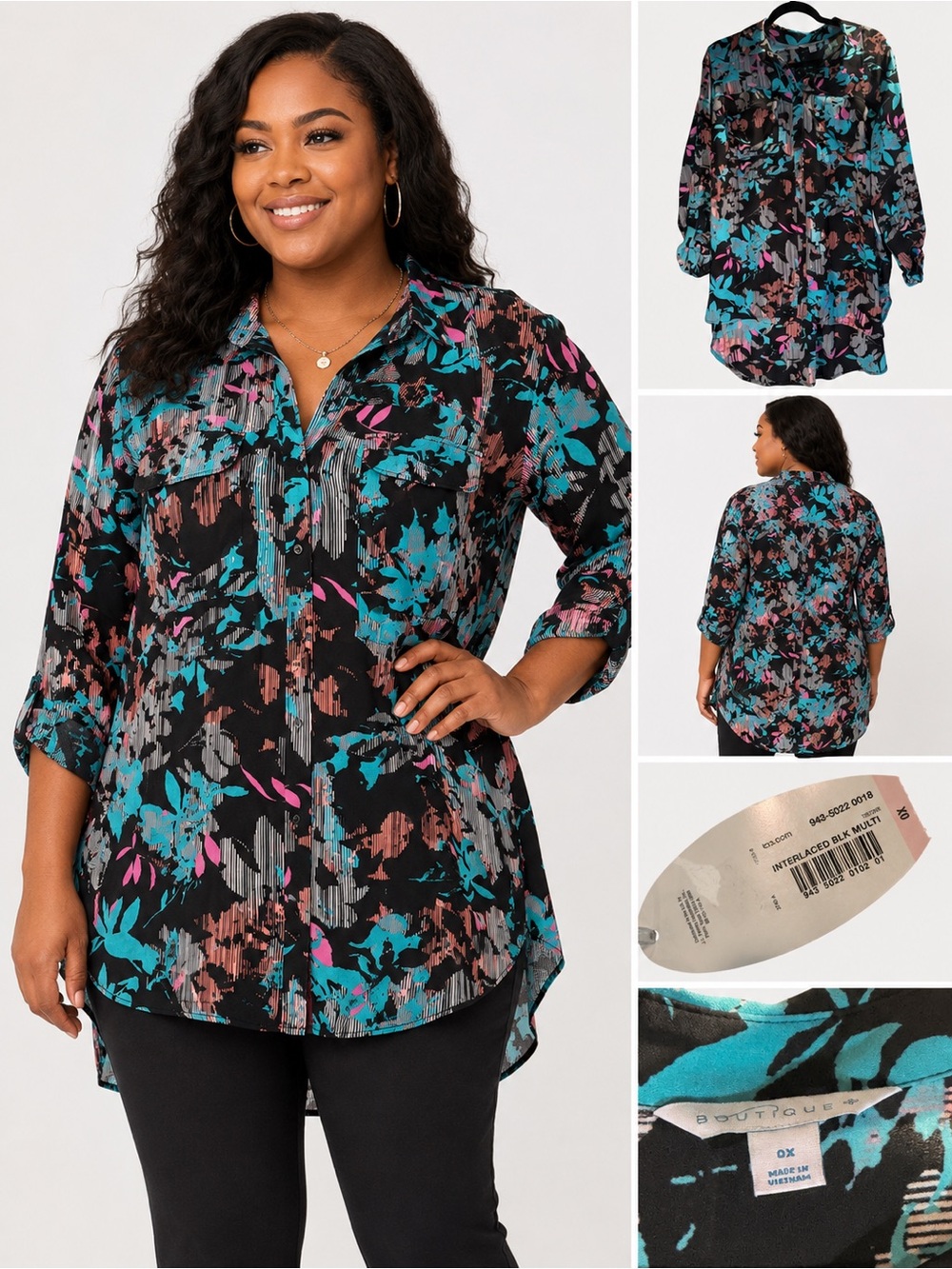 Boutique Plus 0X Black Floral Button Front Tunic Blouse Roll Tab Sleeve Top